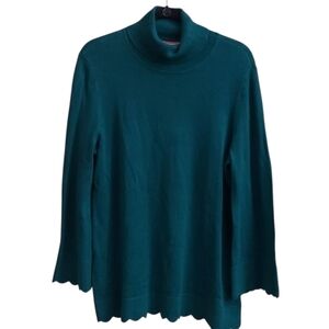 ISAAC MIZRAHI LIVE Teal Scalloped Hem Turtleneck Pullover Sweater